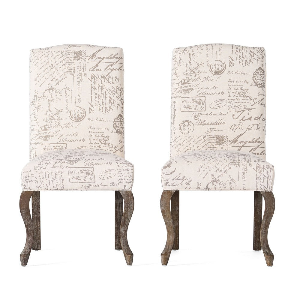 Lynna Dining Chair Set of 2 | Beige Script Pattern Design | Armless