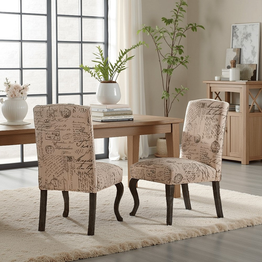 Lynna Dining Chair Set of 2 | Beige Script Pattern Design | Armless