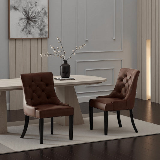 Chen Dining Chair Set of 2 | Curved Brown Diamond Tufted Faux Leather