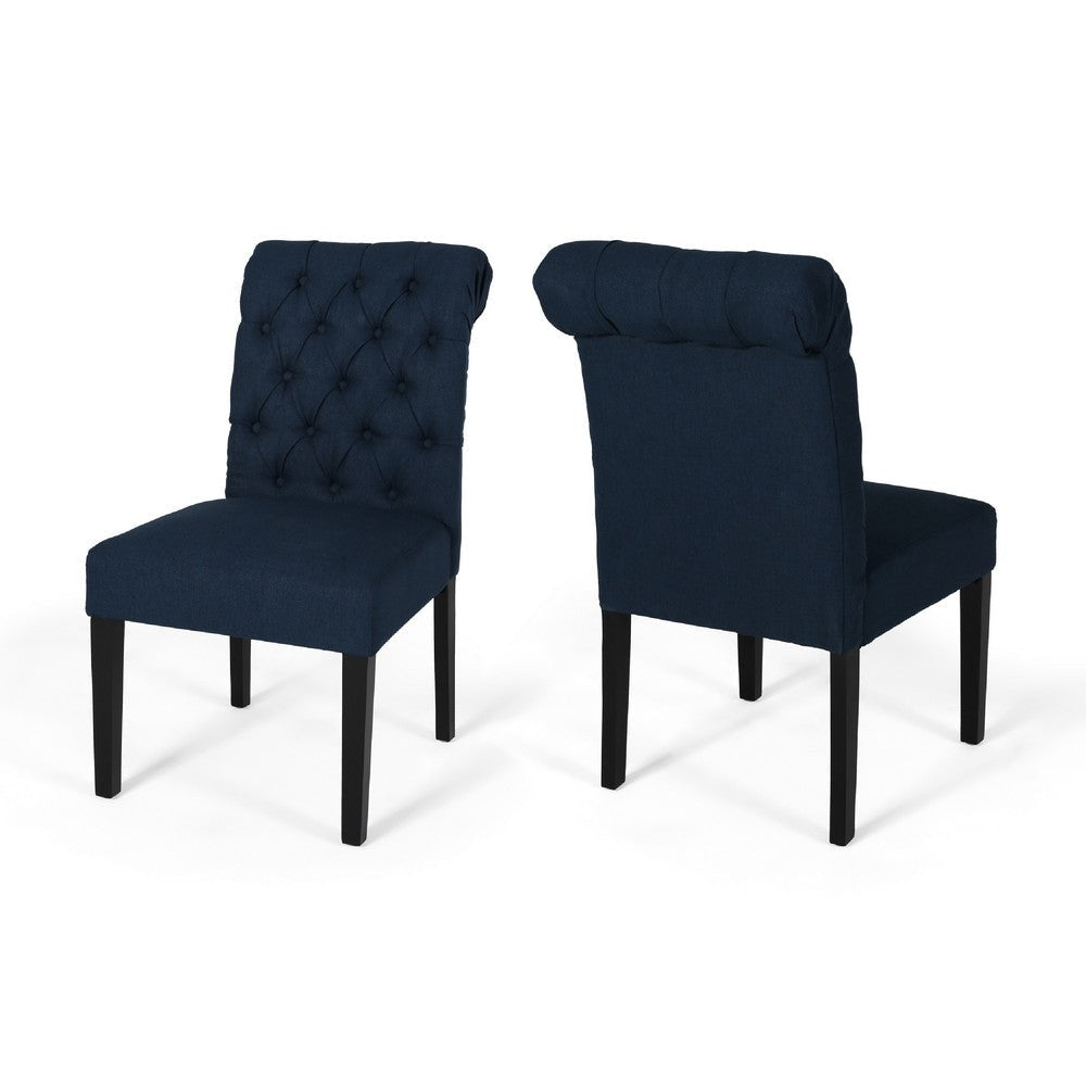 Mein Dining Chair Set of 2 | Rolled Top Button Tufted | Blue Polyester