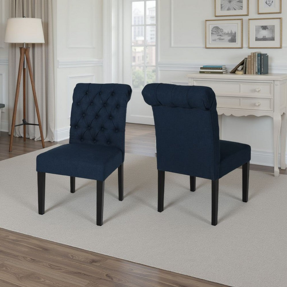 Mein Dining Chair Set of 2 | Rolled Top Button Tufted | Blue Polyester