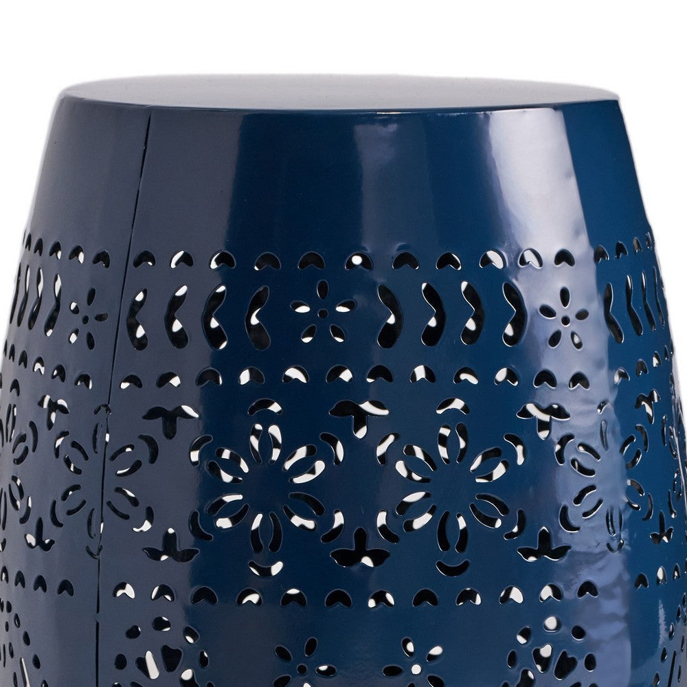 Glena Side End Table | Barrel Shape Lace Cut Design | Blue Iron 12’’ BM337062