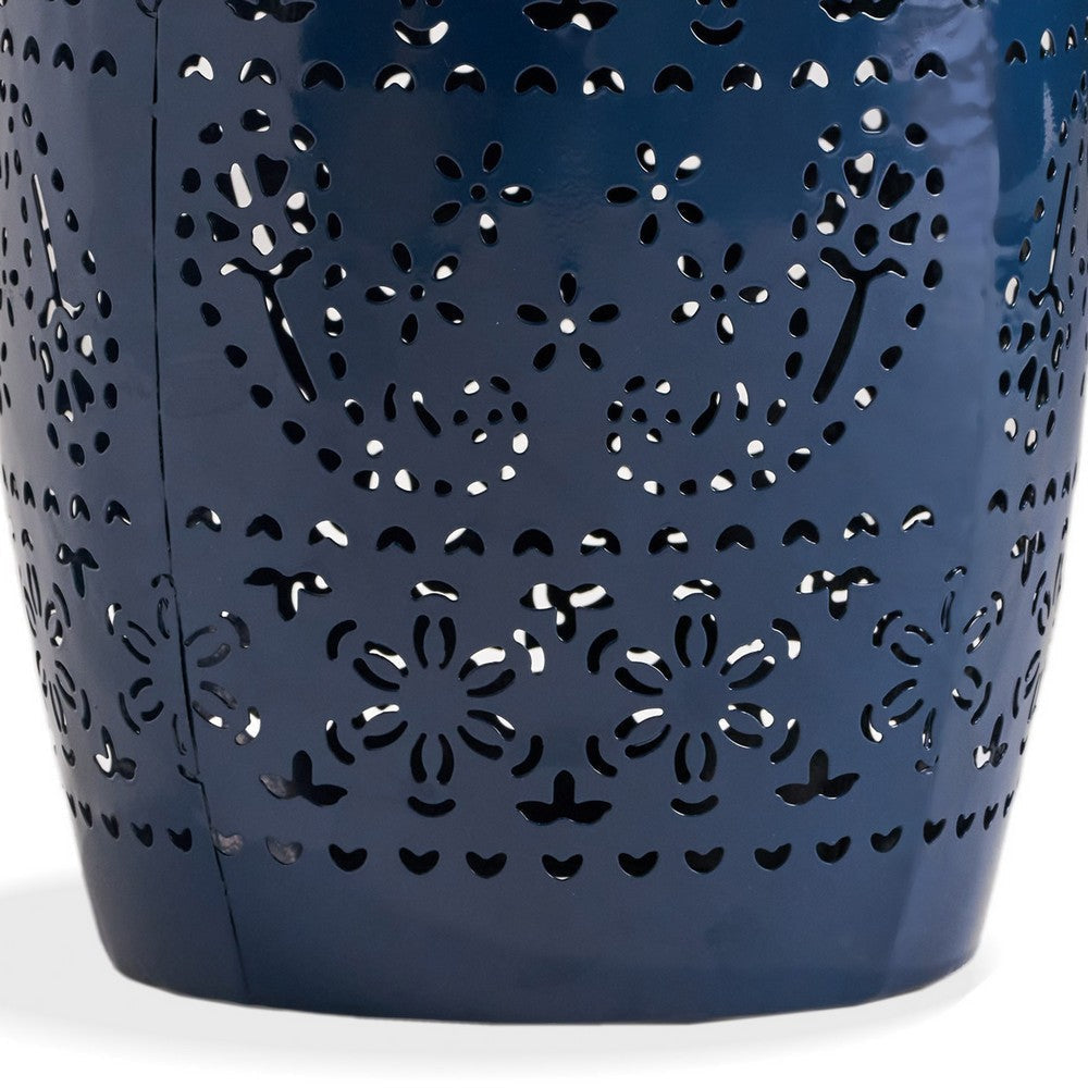 Glena Side End Table | Barrel Shape Lace Cut Design | Blue Iron 12’’ BM337062