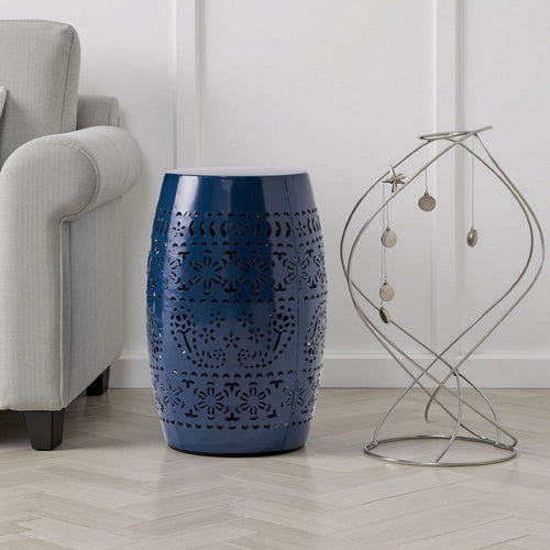 Glena Side End Table | Barrel Shape Lace Cut Design | Blue Iron 12"