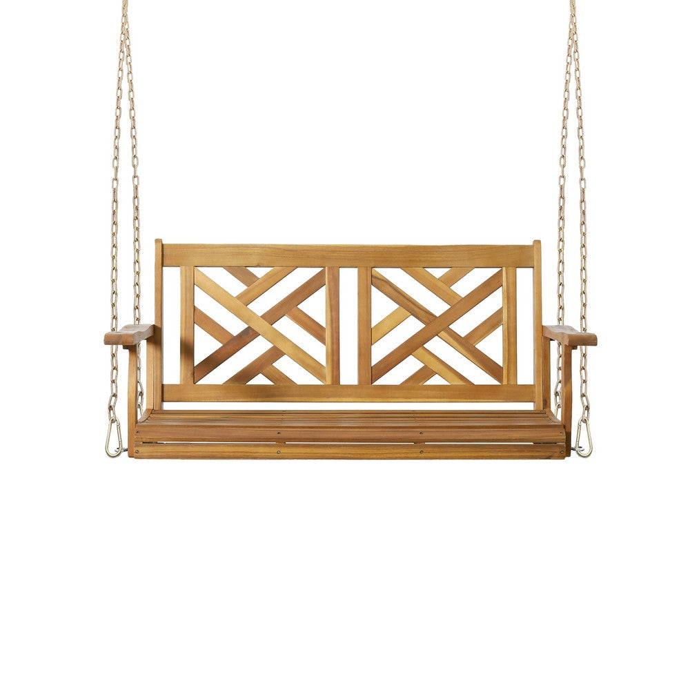 Annah Porch Swing Bench w Chains | Herringbone Teak Brown Acacia Wood