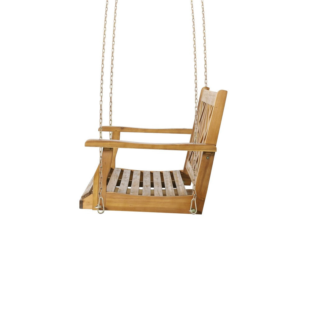 Annah Porch Swing Bench w Chains | Herringbone Teak Brown Acacia Wood