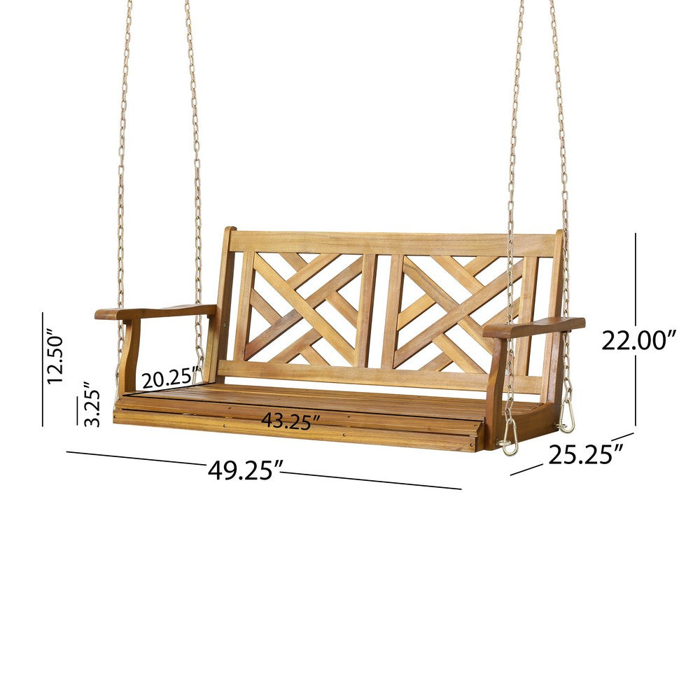 Annah Porch Swing Bench w Chains | Herringbone Teak Brown Acacia Wood