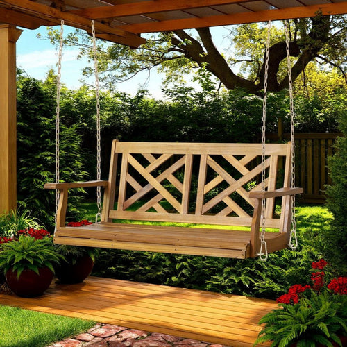 Annah Porch Swing Bench w Chains | Herringbone Teak Brown Acacia Wood