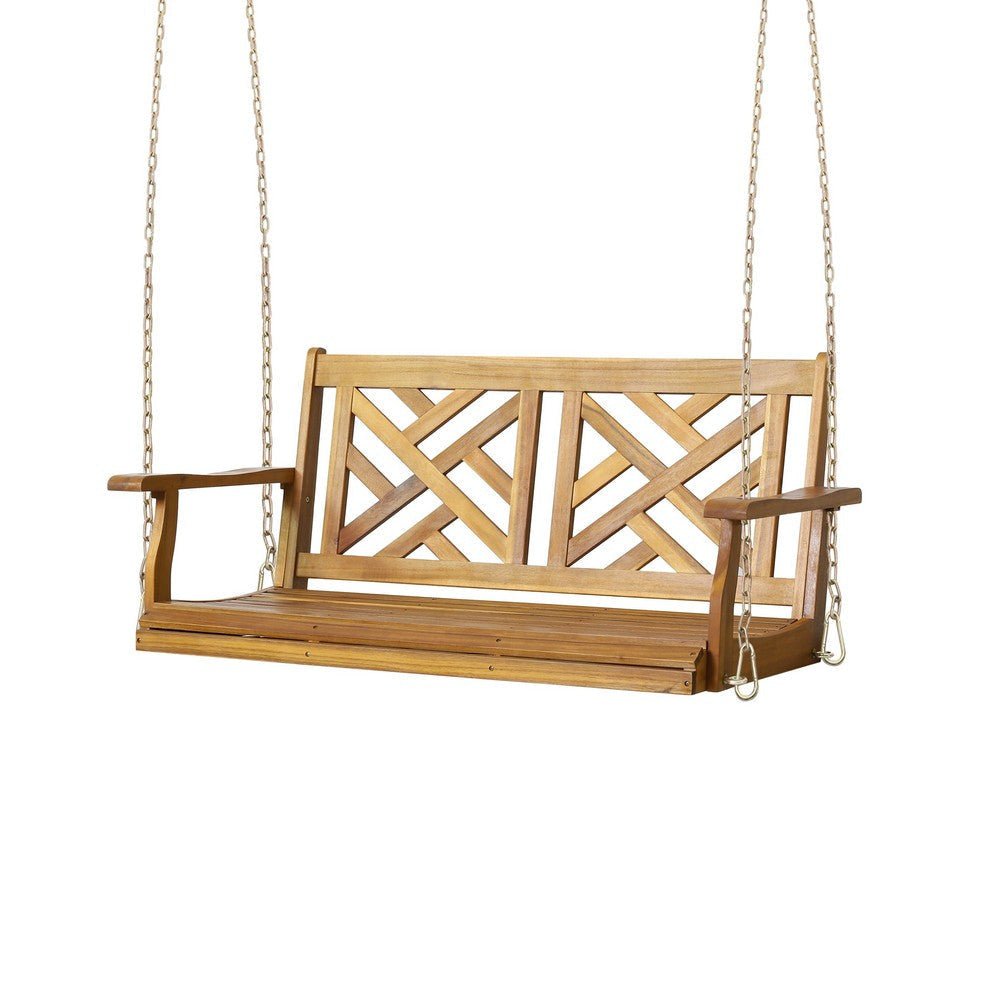 Annah Porch Swing Bench w Chains | Herringbone Teak Brown Acacia Wood