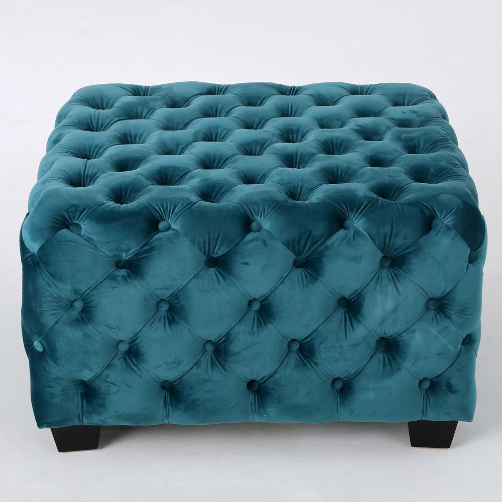 Laie Ottoman | Diamond Stitch Button Tufted Teal Blue Velvet 29"