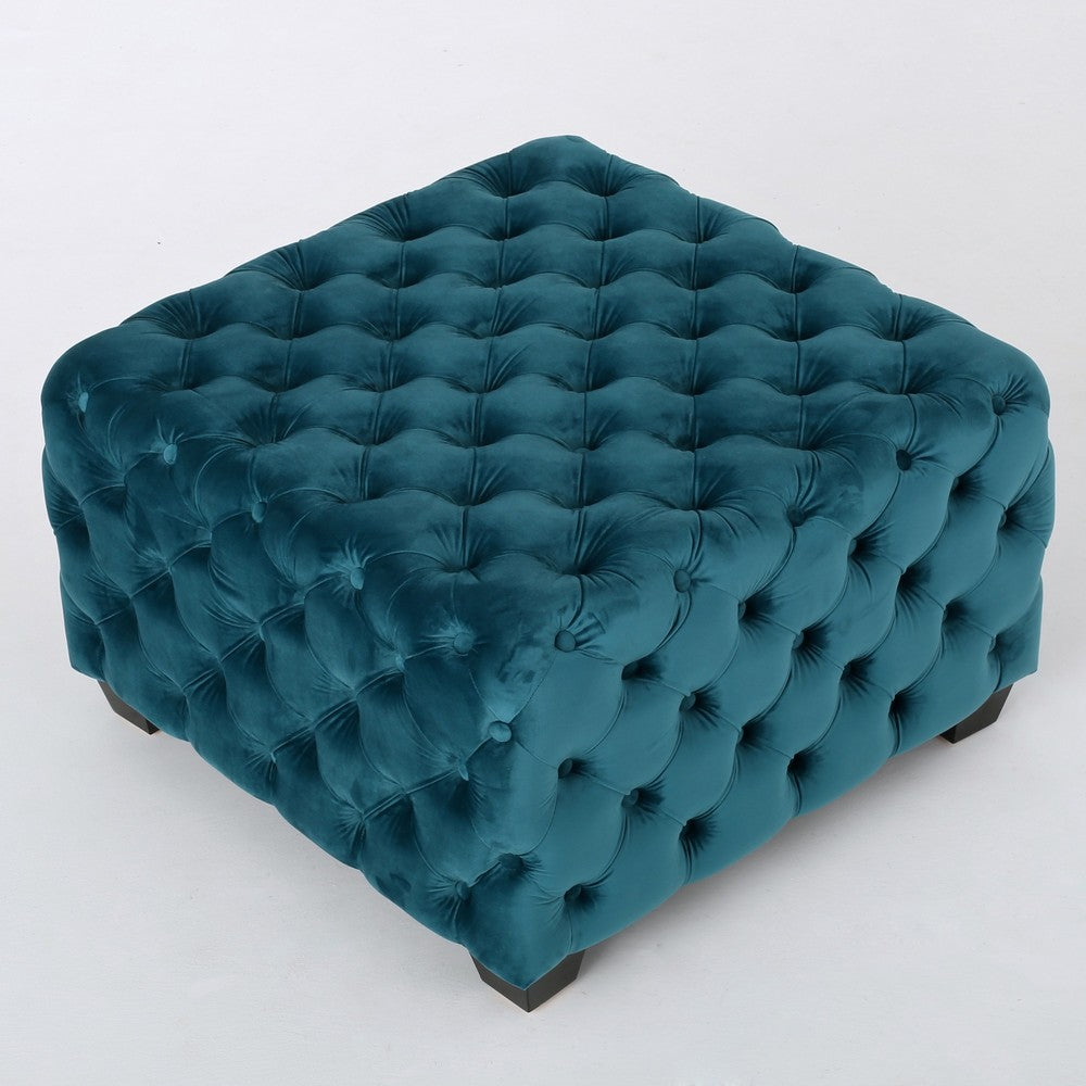 Laie Ottoman | Diamond Stitch Button Tufted Teal Blue Velvet 29"