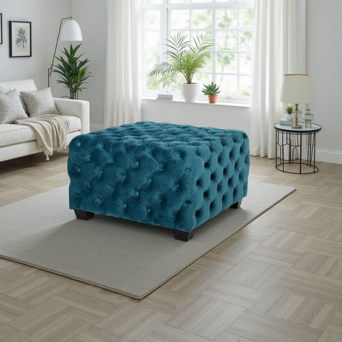 Laie Ottoman | Diamond Stitch Button Tufted Teal Blue Velvet 29"