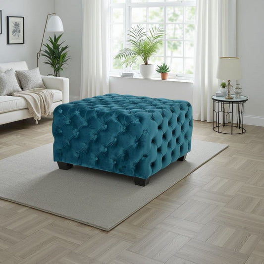 Laie Ottoman | Diamond Stitch Button Tufted Teal Blue Velvet 29"