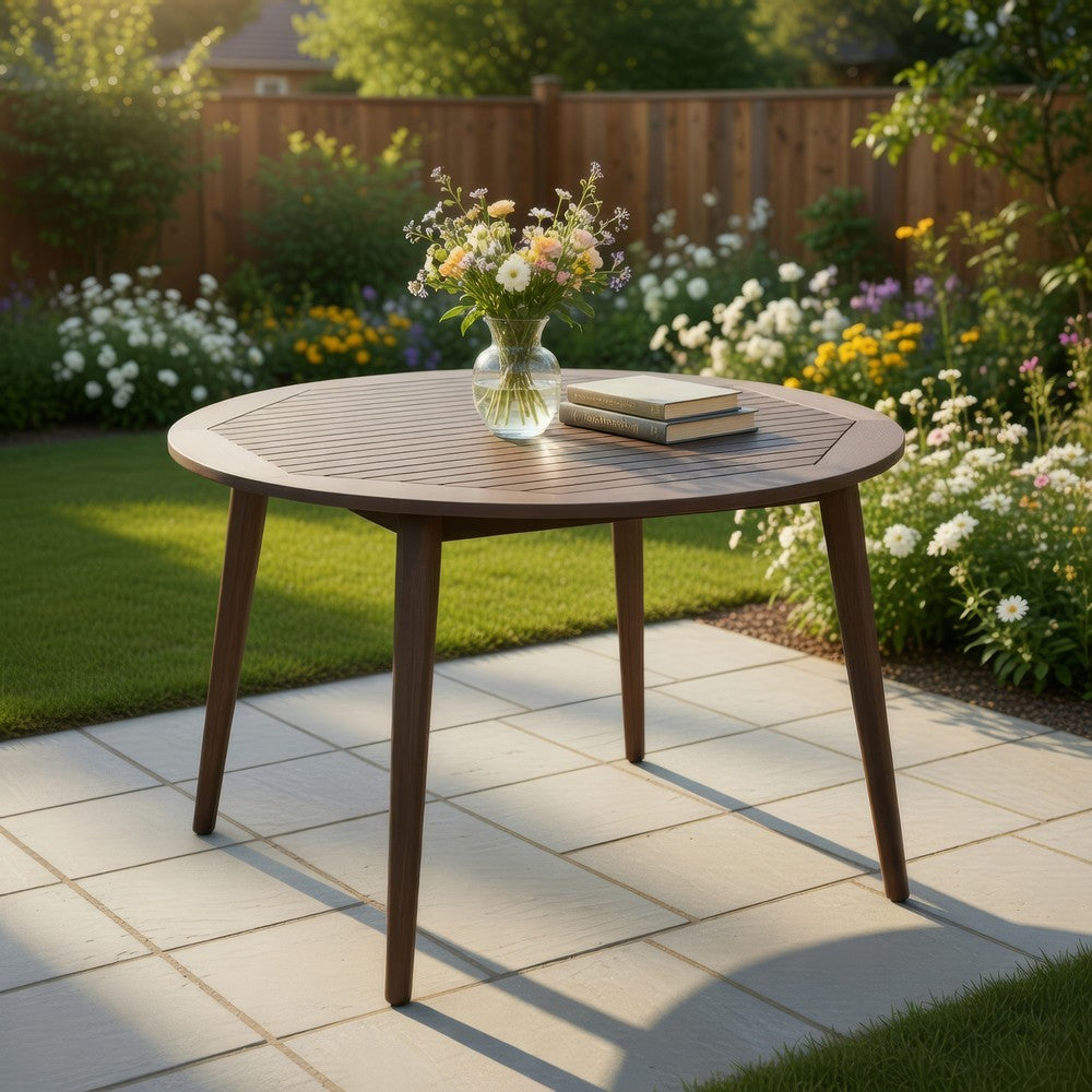 Ambre Patio Dining Table | Round Slatted Oak Brown Acacia Wood 47"