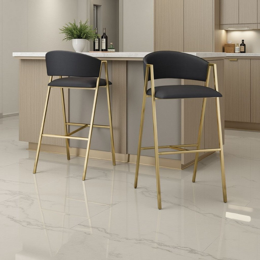 Bilie Barstool Chair Set of 2 | Nailhead | Gold | Black Faux Leather