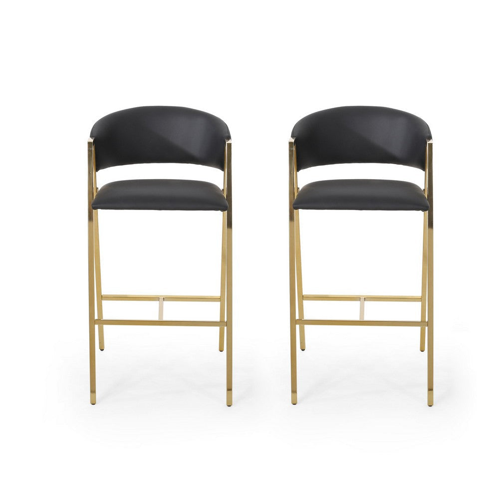 Bilie Barstool Chair Set of 2 | Nailhead | Gold | Black Faux Leather