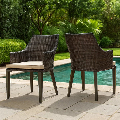 Ellish Outdoor Chair Set of 2 | Metal Legs | Brown Rattan Beige Fabric