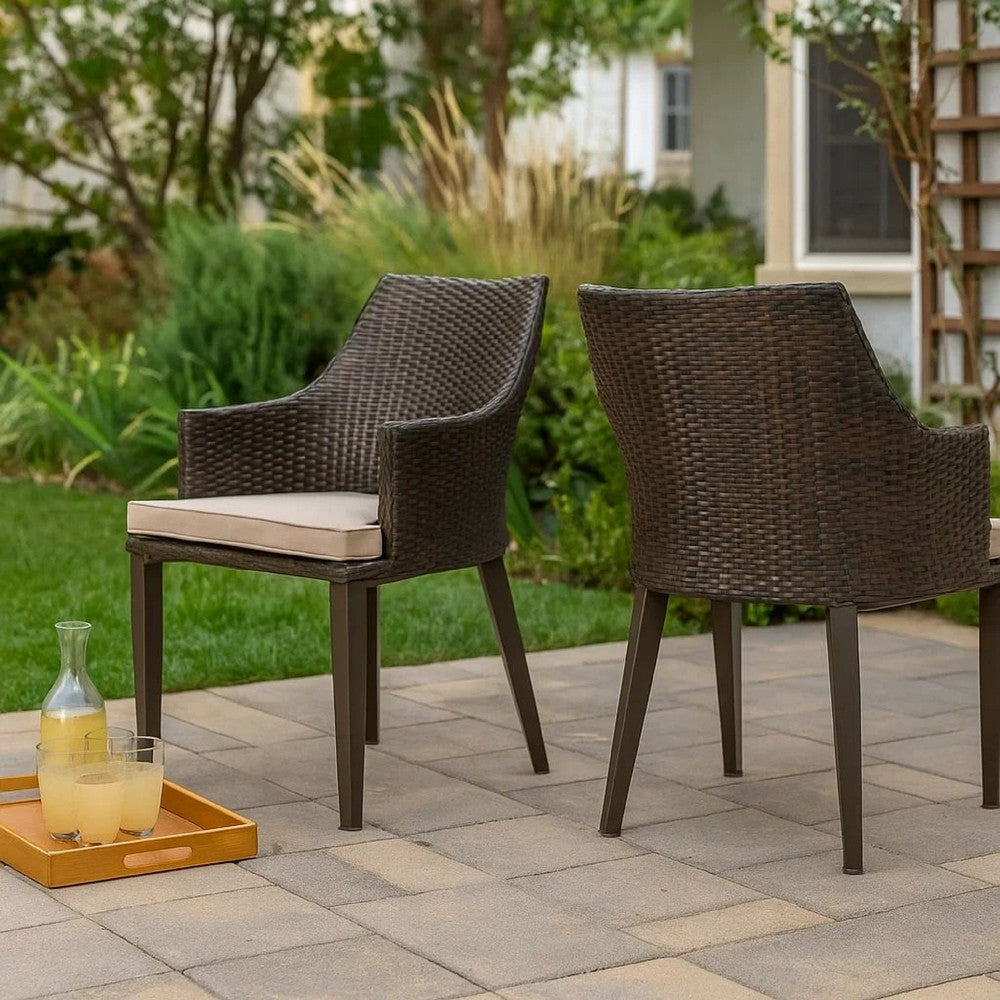 Ellish Outdoor Chair Set of 2 | Metal Legs | Brown Rattan Beige Fabric