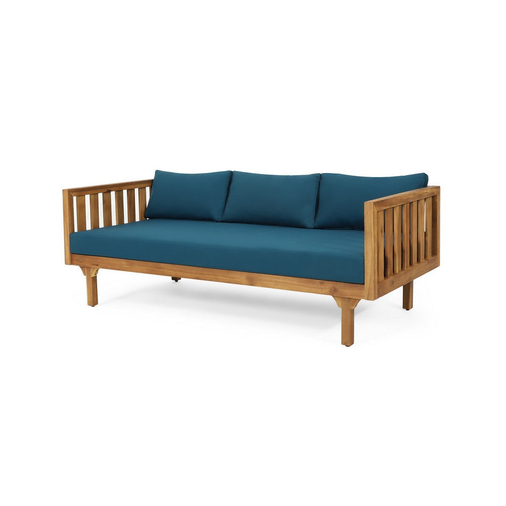 Clara Outdoor 3 Seater Daybed | Slatted Panel Teak Wood | Blue Fabric