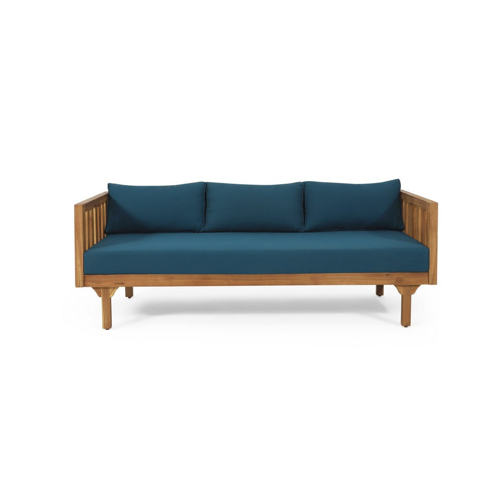 Clara Outdoor 3 Seater Daybed | Slatted Panel Teak Wood | Blue Fabric