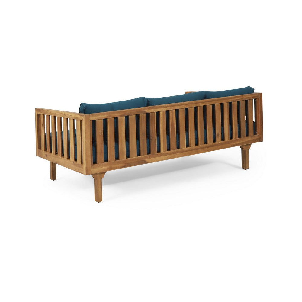 Clara Outdoor 3 Seater Daybed | Slatted Panel Teak Wood | Blue Fabric