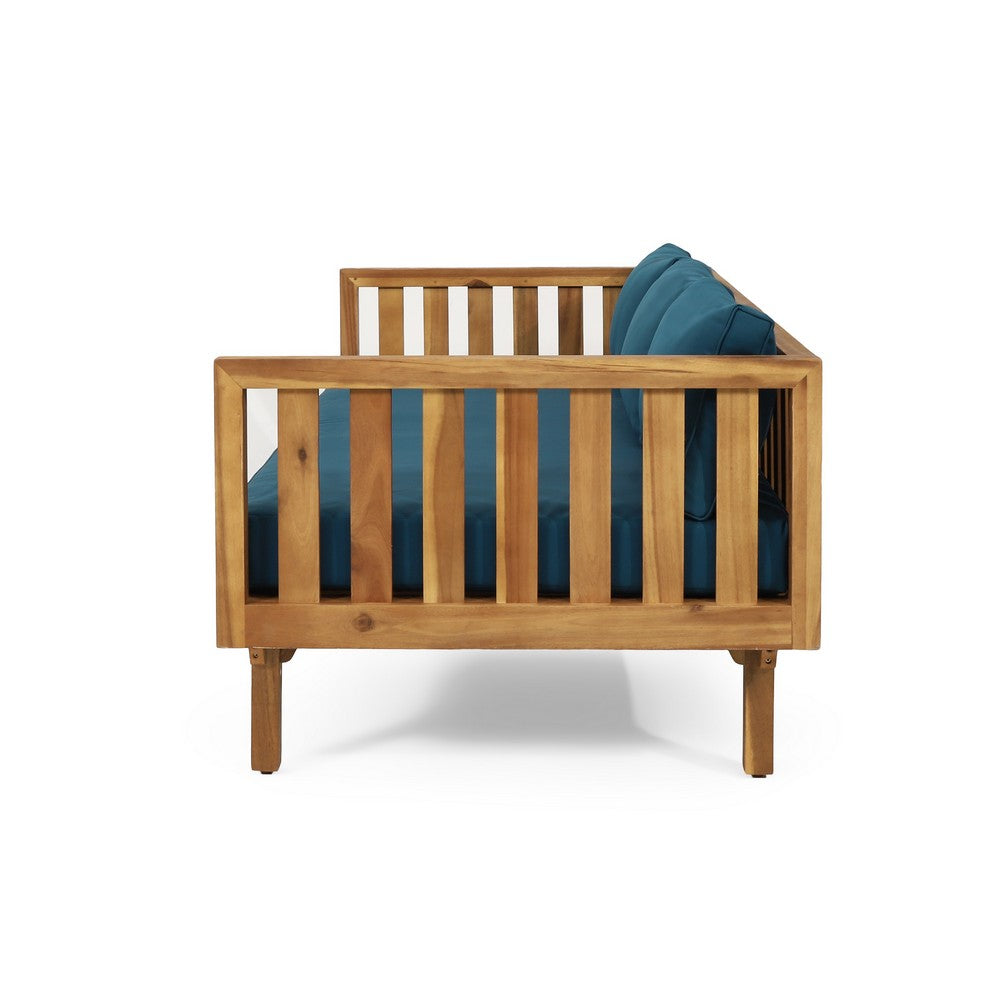 Clara Outdoor 3 Seater Daybed | Slatted Panel Teak Wood | Blue Fabric