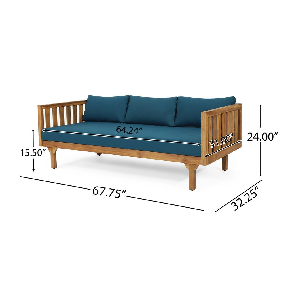 Clara Outdoor 3 Seater Daybed | Slatted Panel Teak Wood | Blue Fabric