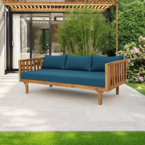 Clara Outdoor 3 Seater Daybed | Slatted Panel Teak Wood | Blue Fabric