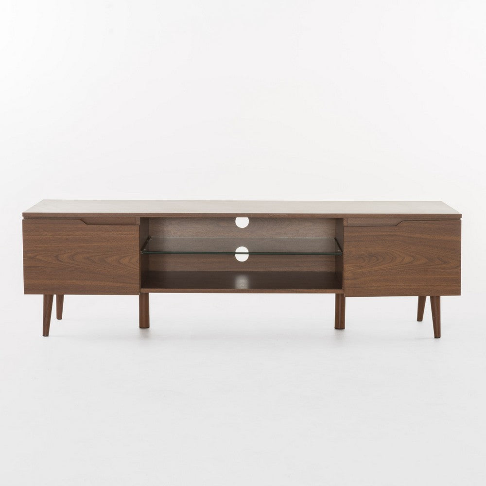 Gavin 59"  TV Stand Cabinet I Low Height w Glass Shelf, Brown Wood