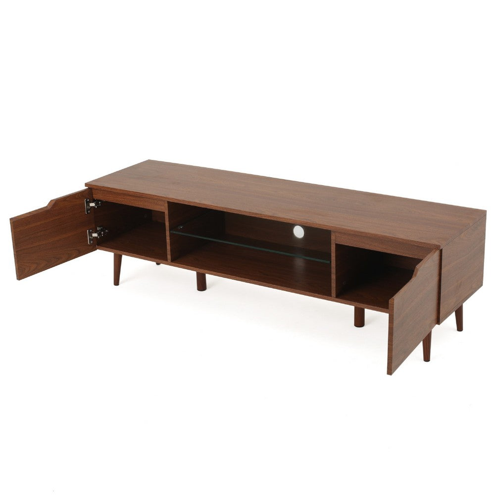 Gavin 59"  TV Stand Cabinet I Low Height w Glass Shelf, Brown Wood