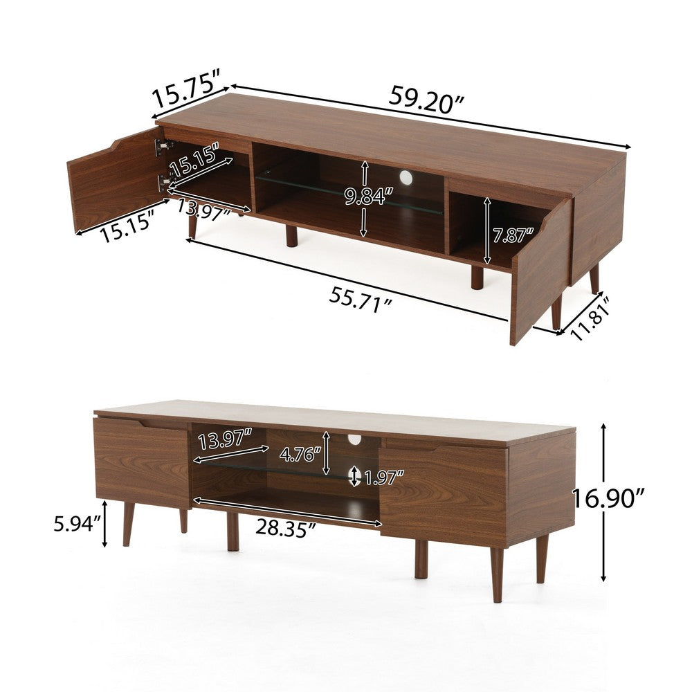 Gavin 59"  TV Stand Cabinet I Low Height w Glass Shelf, Brown Wood