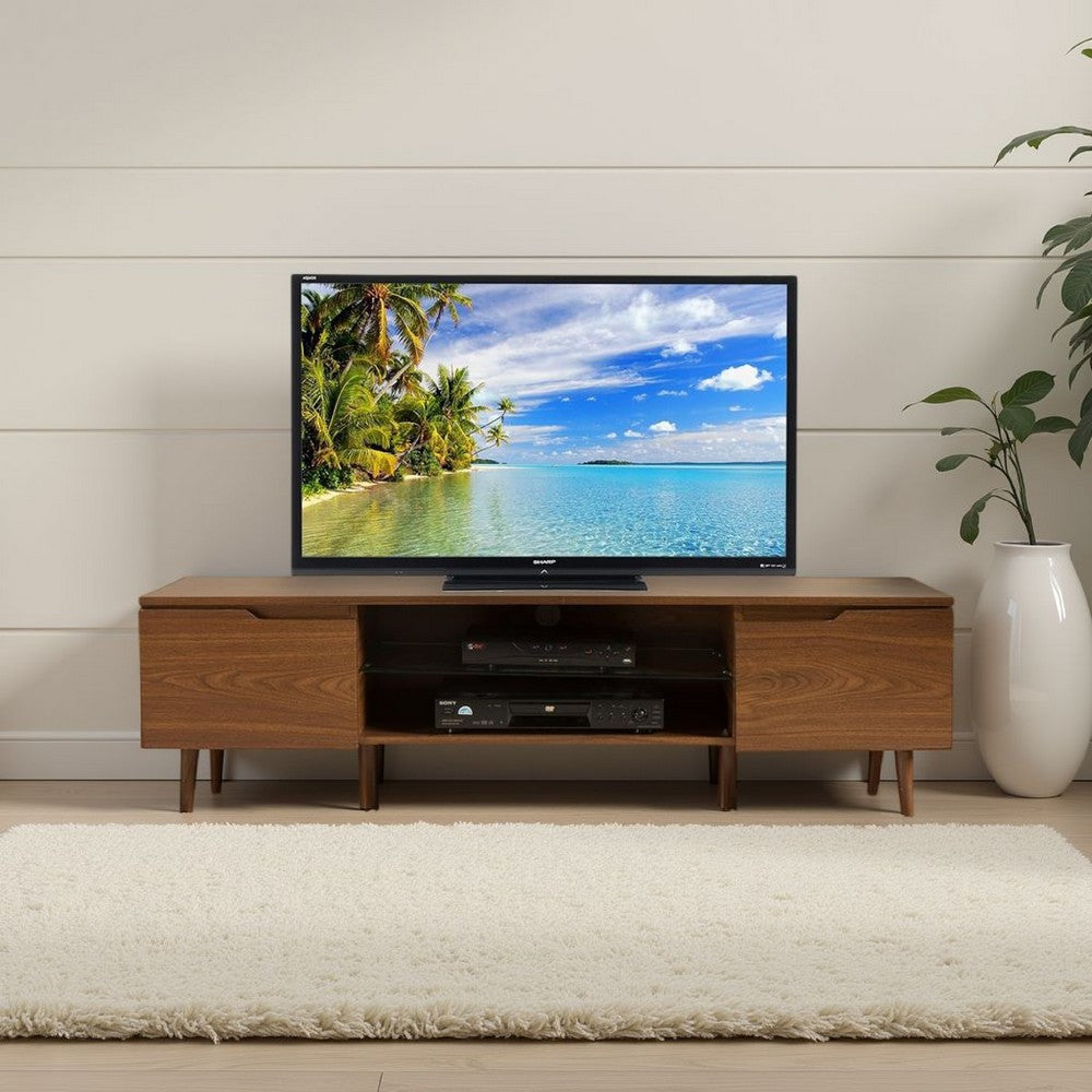 Gavin 59"  TV Stand Cabinet I Low Height w Glass Shelf, Brown Wood