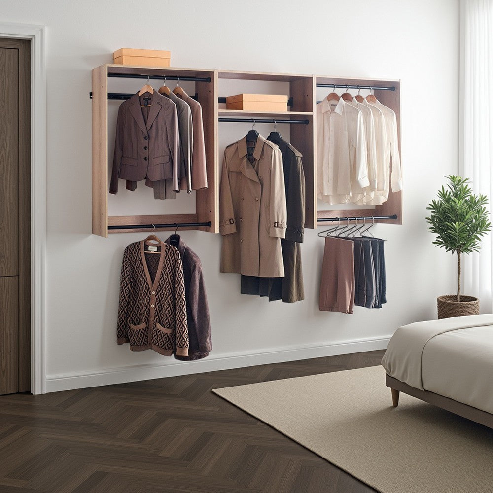 Vedz Wall Mount Closet Set | Center Shelf 5 Hanging Rods | Oak Brown