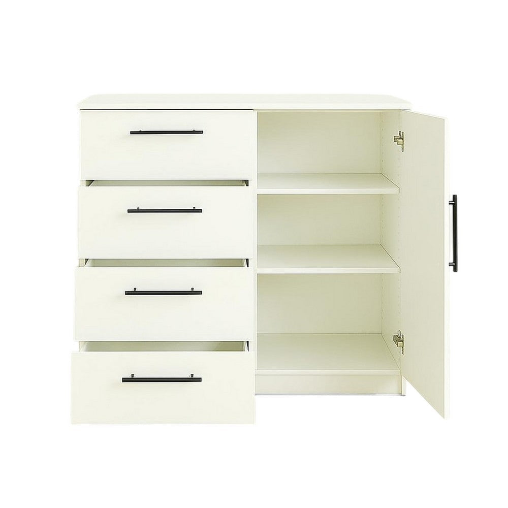 Benjara Roby Large Dresser Chest, 4 Drawers w Cabinet, 47 Inch, White Melamine Benjara Roby Large Dresser Chest, 4 Drawers w Cabinet, 47 Inch, White Melamine