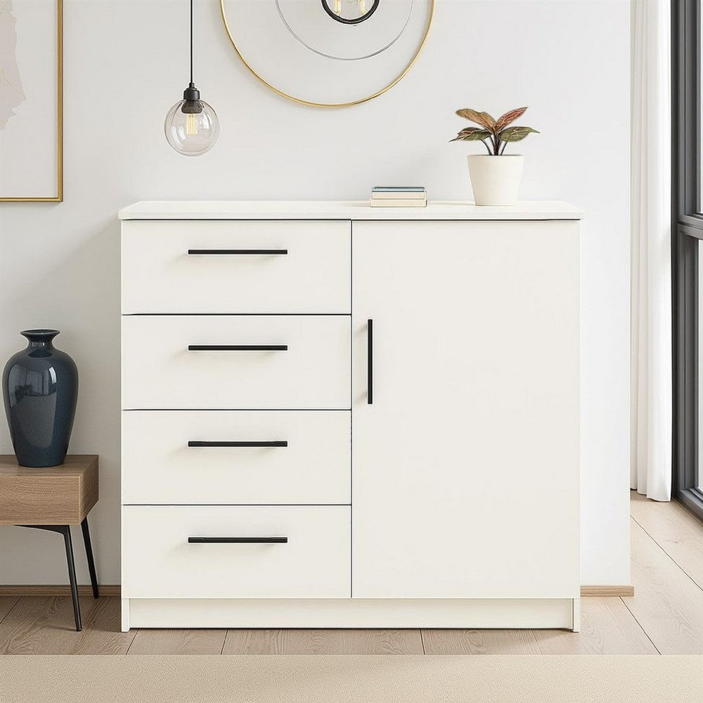 Benjara Roby Large Dresser Chest, 4 Drawers w Cabinet, 47 Inch, White Melamine
