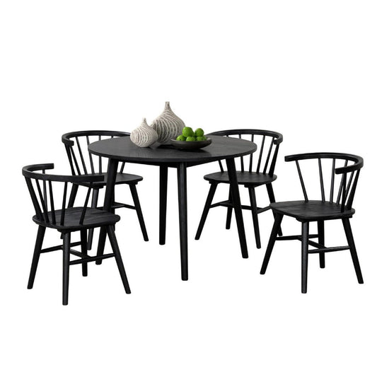 Yely 5pc Dining Table with 4 Windsor Chairs Set | Black Rubberwood
