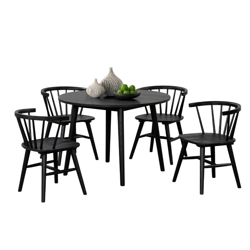 Yely 5pc Dining Table with 4 Windsor Chairs Set | Black Rubberwood