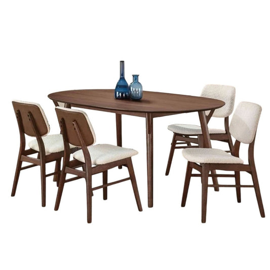 Lexy 5pc Dining Table & 4 Chair Set | Beige Boucle Seats | Walnut Brown