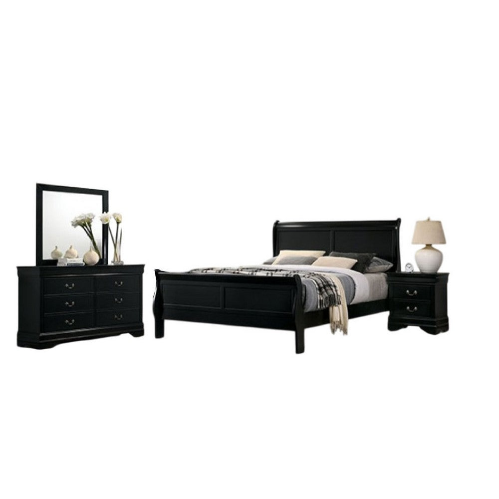 Ryla 4pc Queen Bedroom Set w Nightstand, Dresser, Mirror | Classic Black