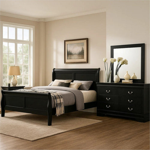 Ryla 4pc Queen Bedroom Set w Nightstand, Dresser, Mirror | Classic Black