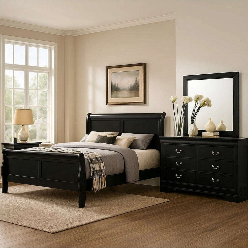Ryla 4pc Queen Bedroom Set w Nightstand, Dresser, Mirror | Classic Black