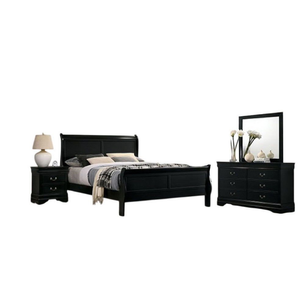 Ryla 4pc Queen Bedroom Set w Nightstand, Dresser, Mirror | Classic Black