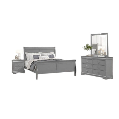 Ryla 4pc Queen Bedroom Set w Nightst& Dresser & Mirror | Neutral Gray