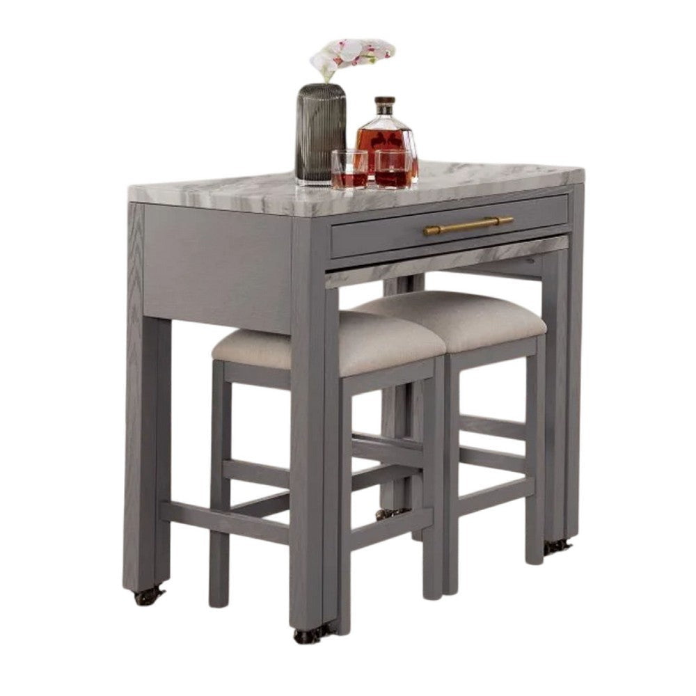 Helly 3pc Counter Height Table & 2 Stool Set | Gray Faux Marble Top BM337256