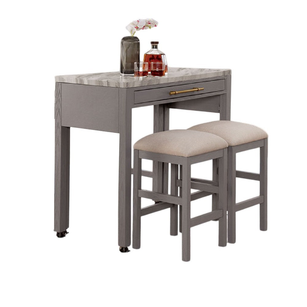 Helly 3pc Counter Height Table & 2 Stool Set | Gray Faux Marble Top