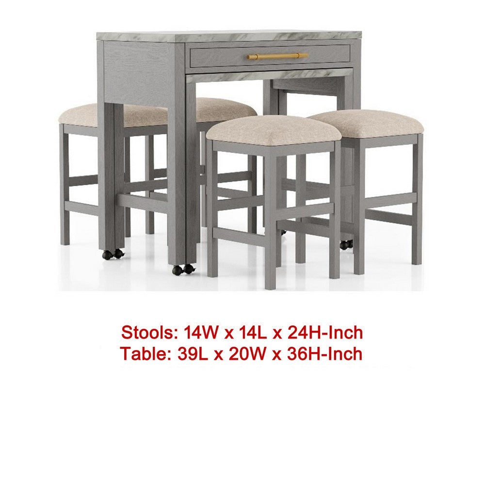 Helly 5pc Counter Height Table & 4 Stool Set | Gray Faux Marble Top BM337257