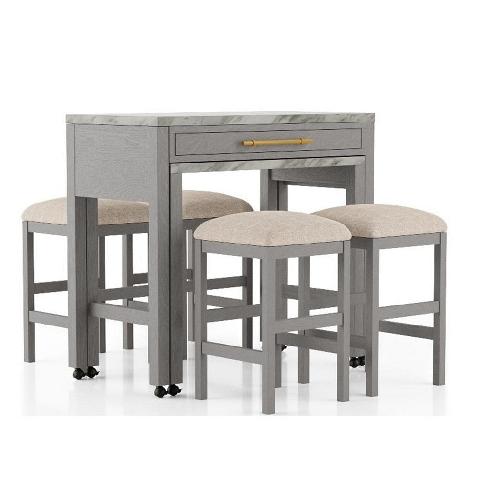 Helly 5pc Counter Height Table & 4 Stool Set | Gray Faux Marble Top