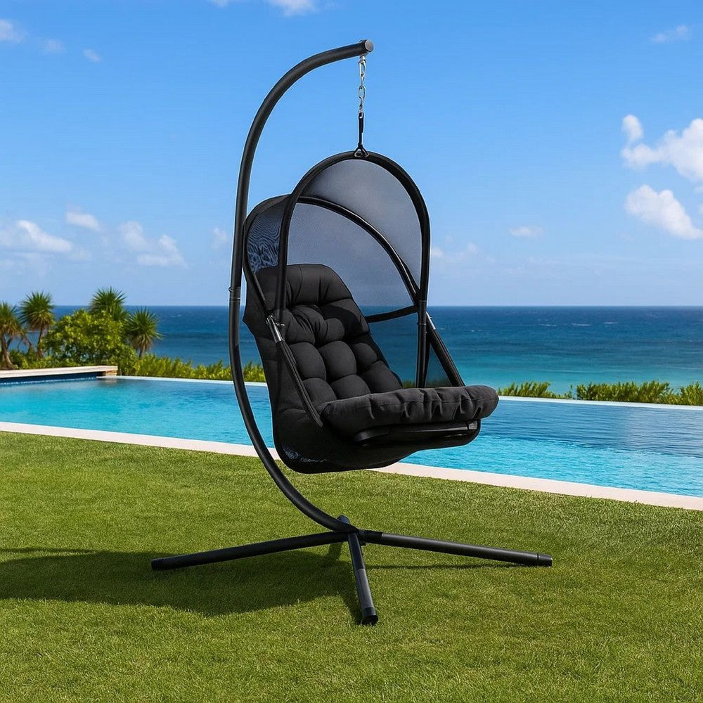 Bery Outdoor Swing Chair w Foldable St& | Coastal Black Cushion