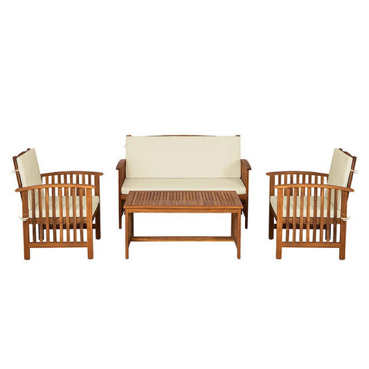 Kaila 4pc Patio Sofa, Chair & Coffee Table Set | Beige Cushions | Brown Wood
