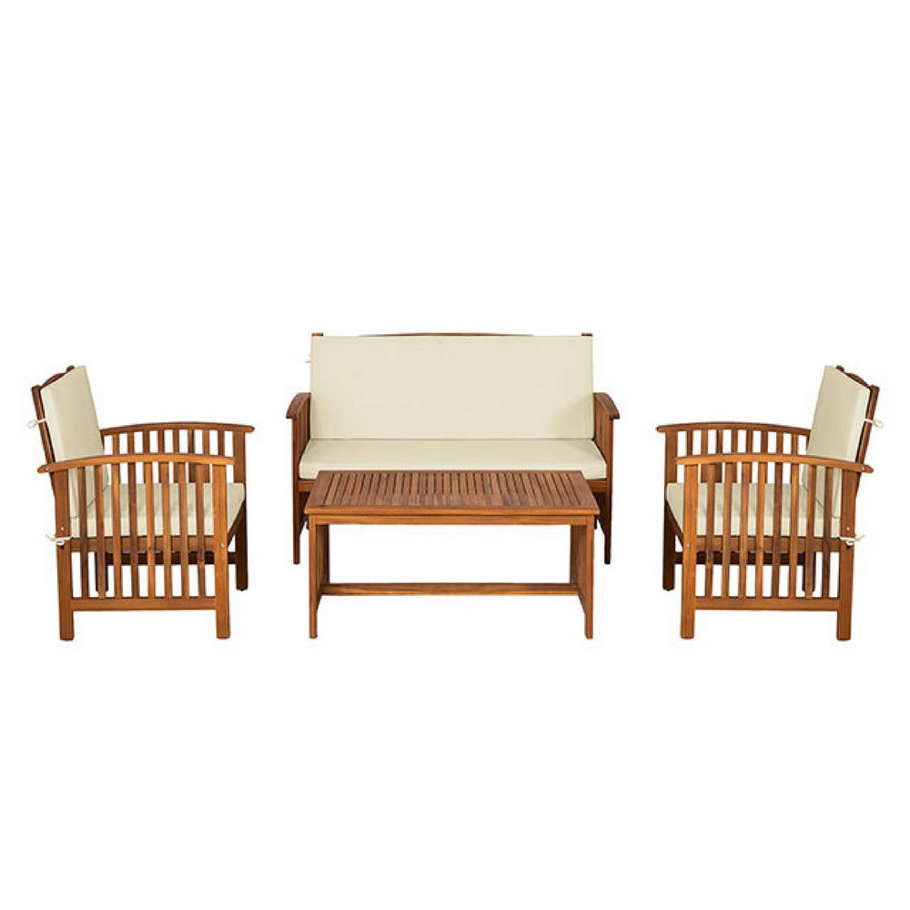 Kaila 4pc Patio Sofa, Chair & Coffee Table Set | Beige Cushions | Brown Wood
